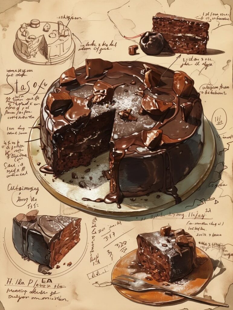 rtistic illustration of decadent chocolate lava cakes with detailed sketches and annotations showcasing different stages of the dessert.
