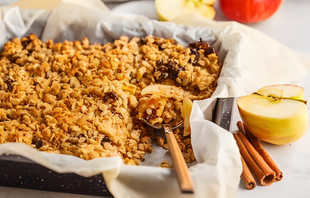 A close-up of a freshly baked apple crumble with oats, with a serving spoon and fresh apple slices and cinnamon sticks on the side.