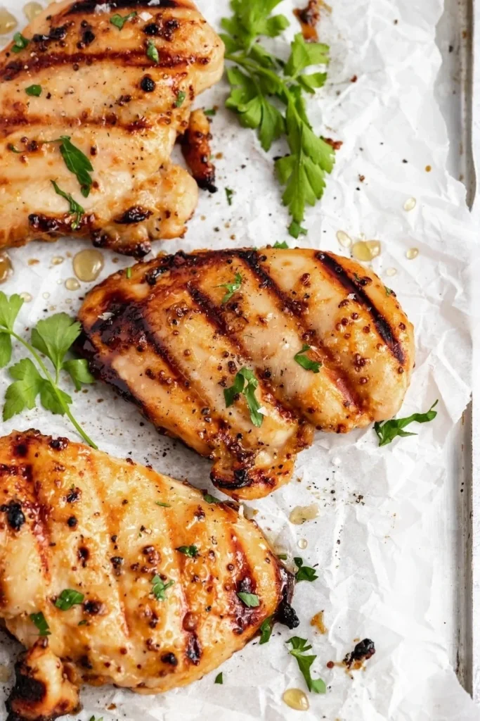 Grilled honey mustard marinated chicken breasts with charred grill marks, garnished with fresh parsley leaves, served on parchment paper.
