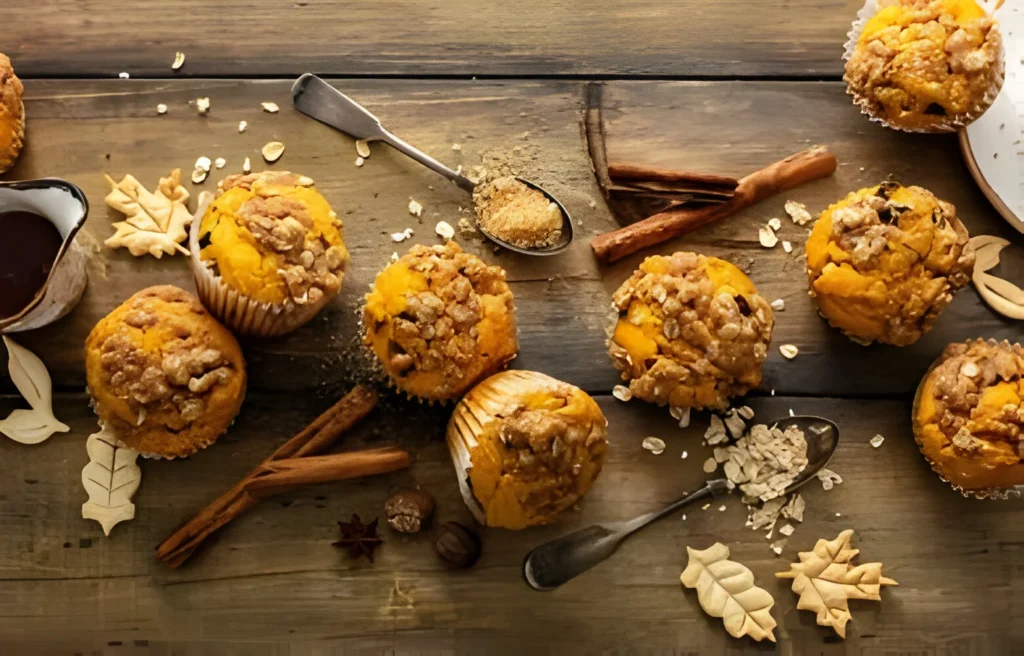 A close-up photo of six golden brown apple cinnamon muffins topped with a crumbly streusel topping.