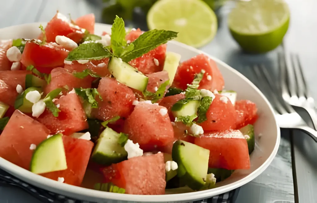 A plate filled with a fresh and colorful salad made with juicy watermelon chunks, crisp cucumber slices, and garnished with mint leaves. A glass of green smoothie or juice is visible in the background.