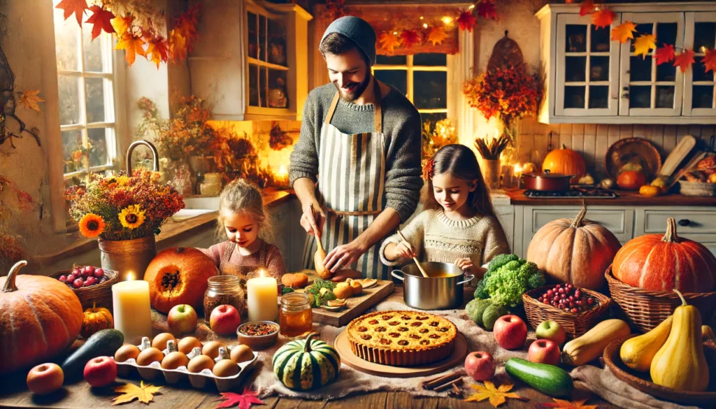 Family preparing a fall-themed meal in a cozy autumn kitchen with pumpkins, squash, and seasonal ingredients.