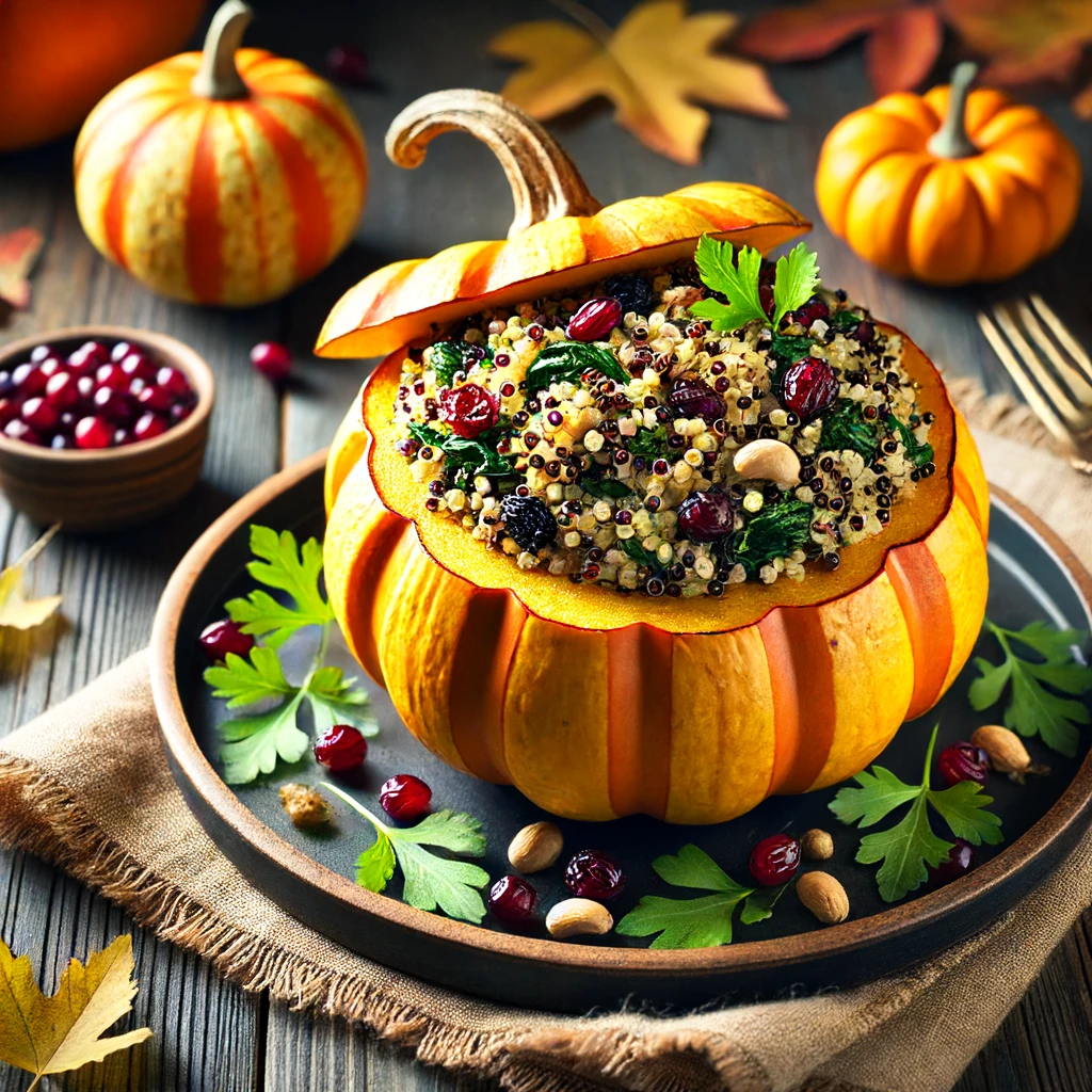 Here's a beautifully plated quinoa stuffed acorn squash, perfect for showcasing a delicious fall recipe