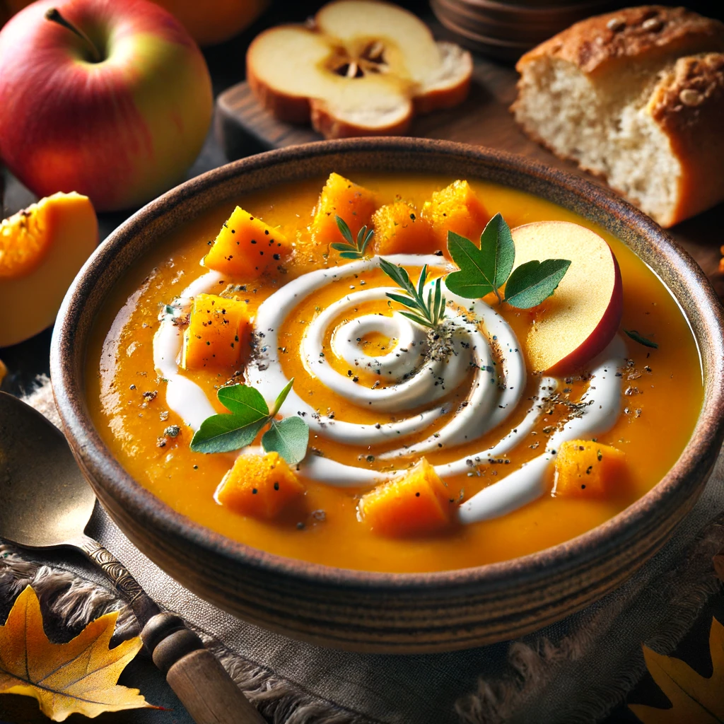 Here's a delightful photo of creamy apple and butternut squash soup, perfect for adding a cozy fall touch.