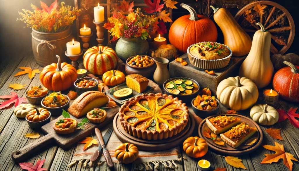 Here's a creative display of various dishes using pumpkin and squash, perfect for showcasing their versatility in fall cooking