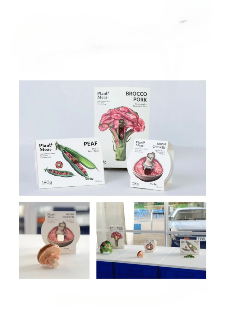 Packaging of Plant+ Meat products including Brocco Pork, Peaf, and Mush Chicken, showcasing innovative plant-based meat alternatives