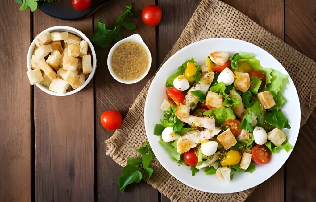 A fresh and colorful Greek salad with grilled chicken, featuring a bed of crisp lettuce, cherry tomatoes, sliced cucumbers, feta cheese, and croutons, served on a white plate.