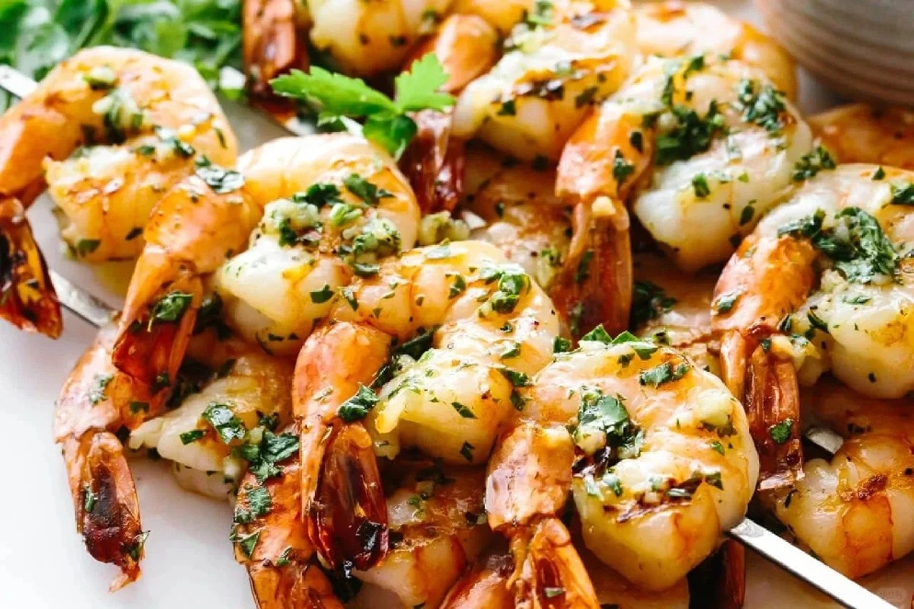 Close-up of grilled shrimp skewers garnished with fresh parsley and drizzled with garlic butter.