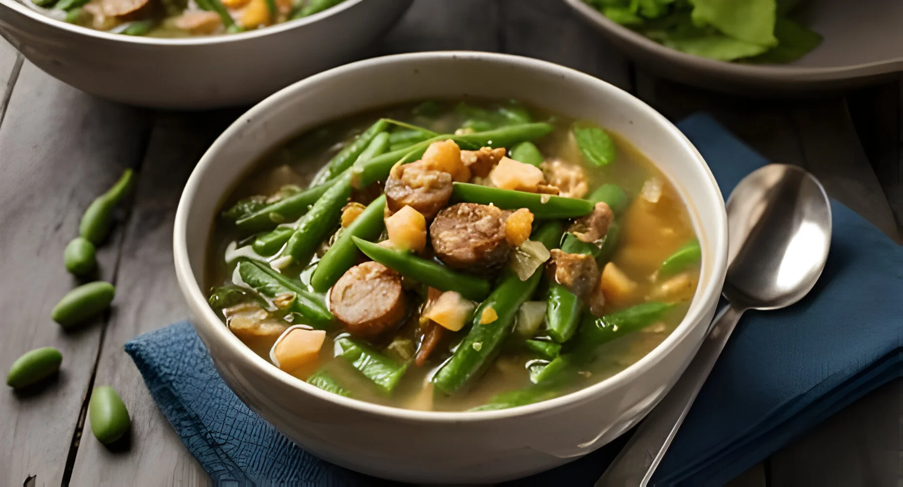 A bowl of sausage and green bean soup with a rustic wooden table in the background.