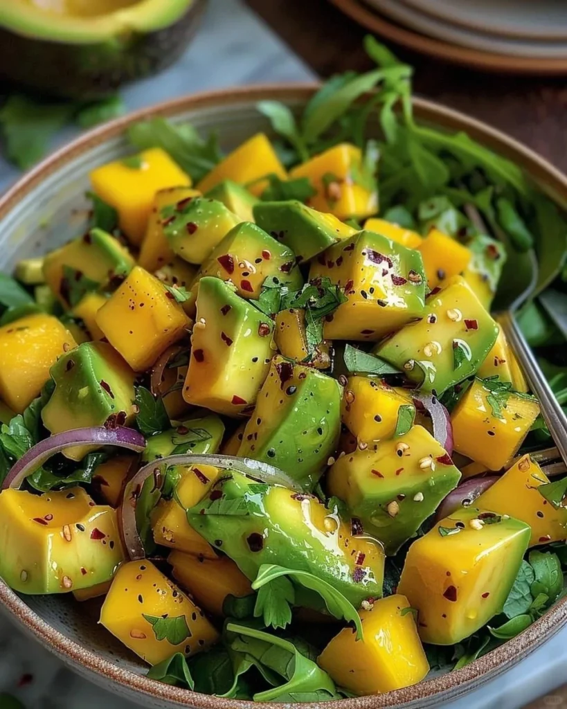 The image shows a colorful salad made with diced mango and avocado, along with fresh greens like spinach or arugula. The salad is dressed with a lime-based dressing, as evidenced by the speckled appearance and vibrant colors. The combination of sweet mango, creamy avocado, and zesty lime dressing creates an appealing and nutritious dish.

