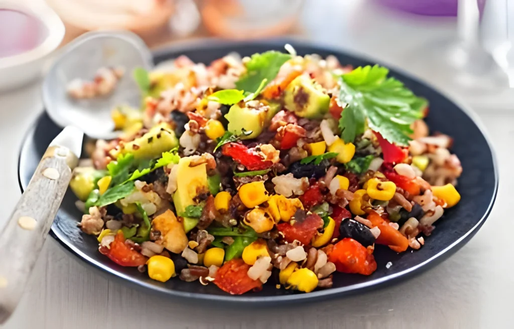 A colorful salad made with quinoa, black beans, roasted bell peppers, corn kernels, and fresh herbs, served on a dark plate.