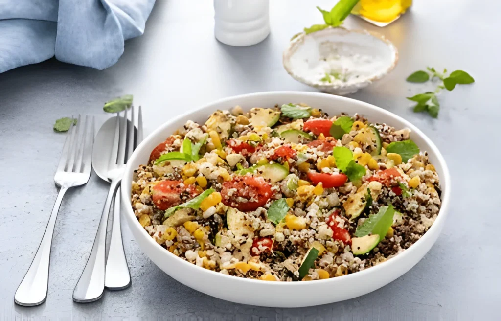  A refreshing and nutritious quinoa salad served in a white bowl. The salad is composed of quinoa, cherry tomatoes, corn kernels, zucchini slices, and fresh herbs, and is accompanied by a fork and knife