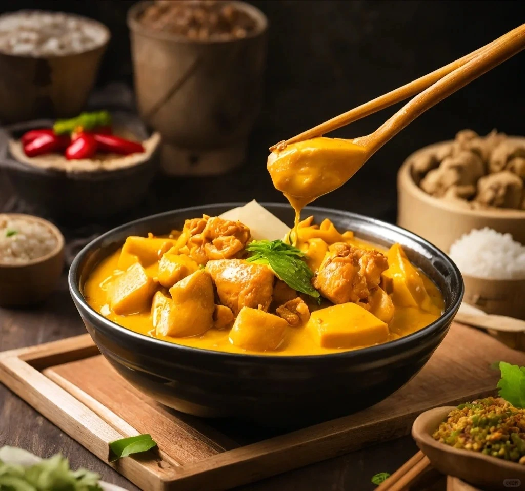 A bowl of creamy chicken curry with chunks of chicken and potatoes, garnished with fresh herbs, being served with chopsticks.