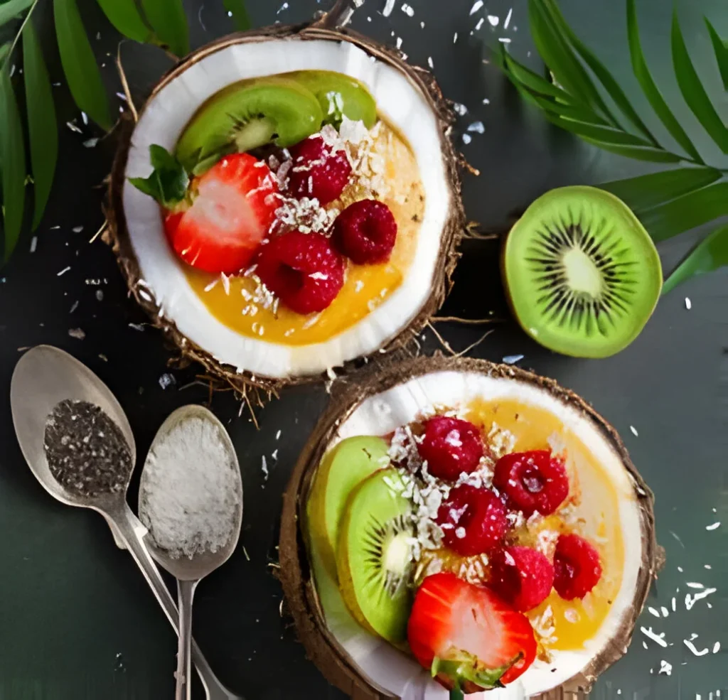 Delicious smoothie bowls served in coconut shells, topped with fresh kiwi, strawberries, raspberries, and shredded coconut