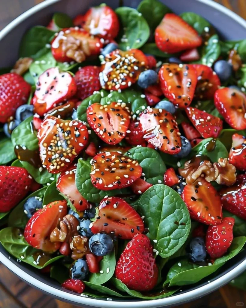 A summer salad with spinach, strawberries, blueberries, and walnuts