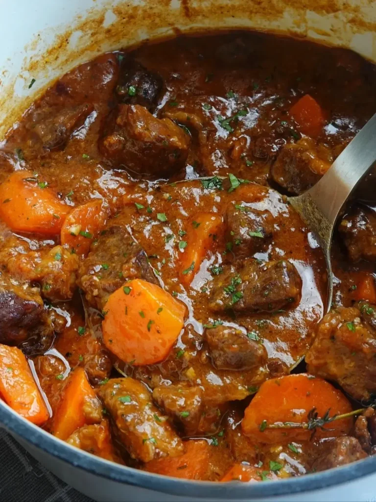 A cast-iron pot filled with a rich beef stew with chunks of beef, carrots, potatoes, and pearl onions in a brown gravy.