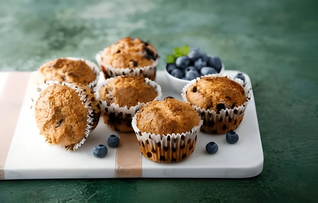 Healthy Almond Flour Blueberry Muffins on a white serving board with fresh blueberries on the side.