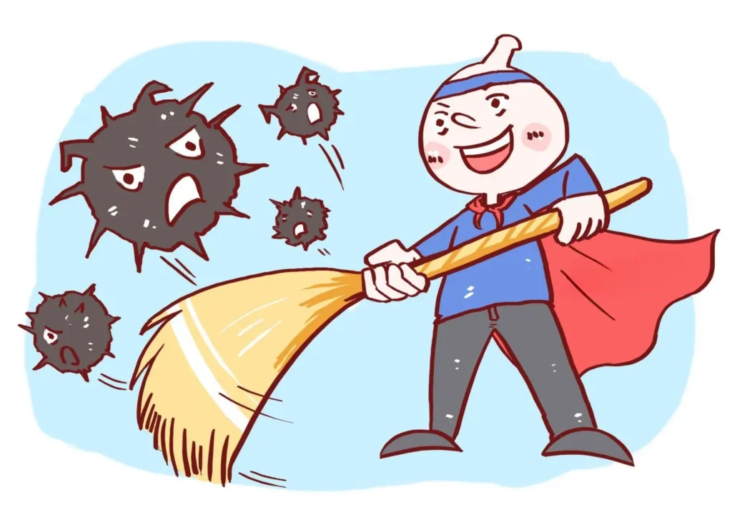 Illustration of a superhero figure sweeping away harmful bacteria, symbolizing the benefits of probiotics in promoting health.