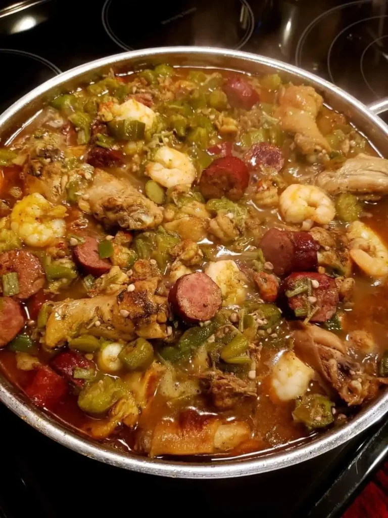 A delicious pot of okra stew with sausage and shrimp simmering on the stove