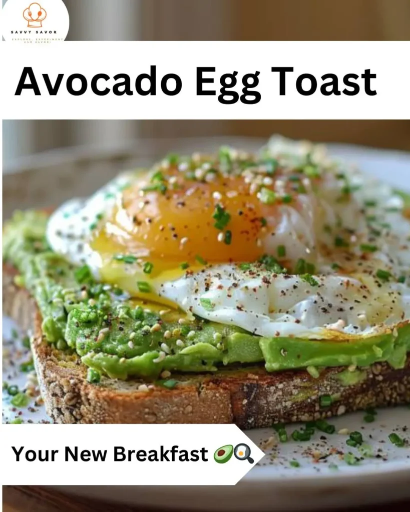 Close-up of avocado egg toast on a white plate. A slice of toasted bread topped with mashed avocado and a perfectly poached egg, garnished with herbs and spices