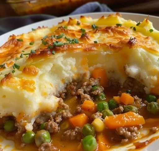 A delicious homemade Shepherd's Pie with a golden-brown mashed potato crust, revealing a savory filling of ground beef, peas, carrots, and corn.