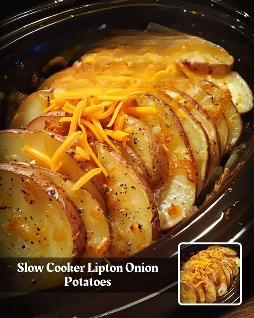 Slow cooker filled with golden, thinly sliced potatoes topped with melted cheese and herbs