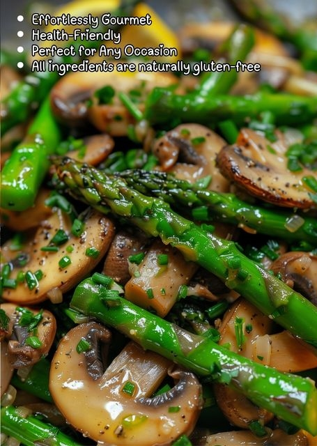 Sautéed asparagus and mushrooms with herbs in a skillet