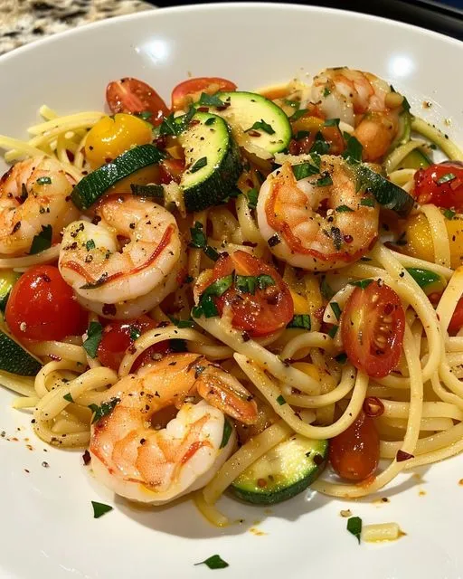 Colorful plate of spaghetti with sautéed shrimp, zucchini slices, and cherry tomatoes, garnished with fresh herbs.