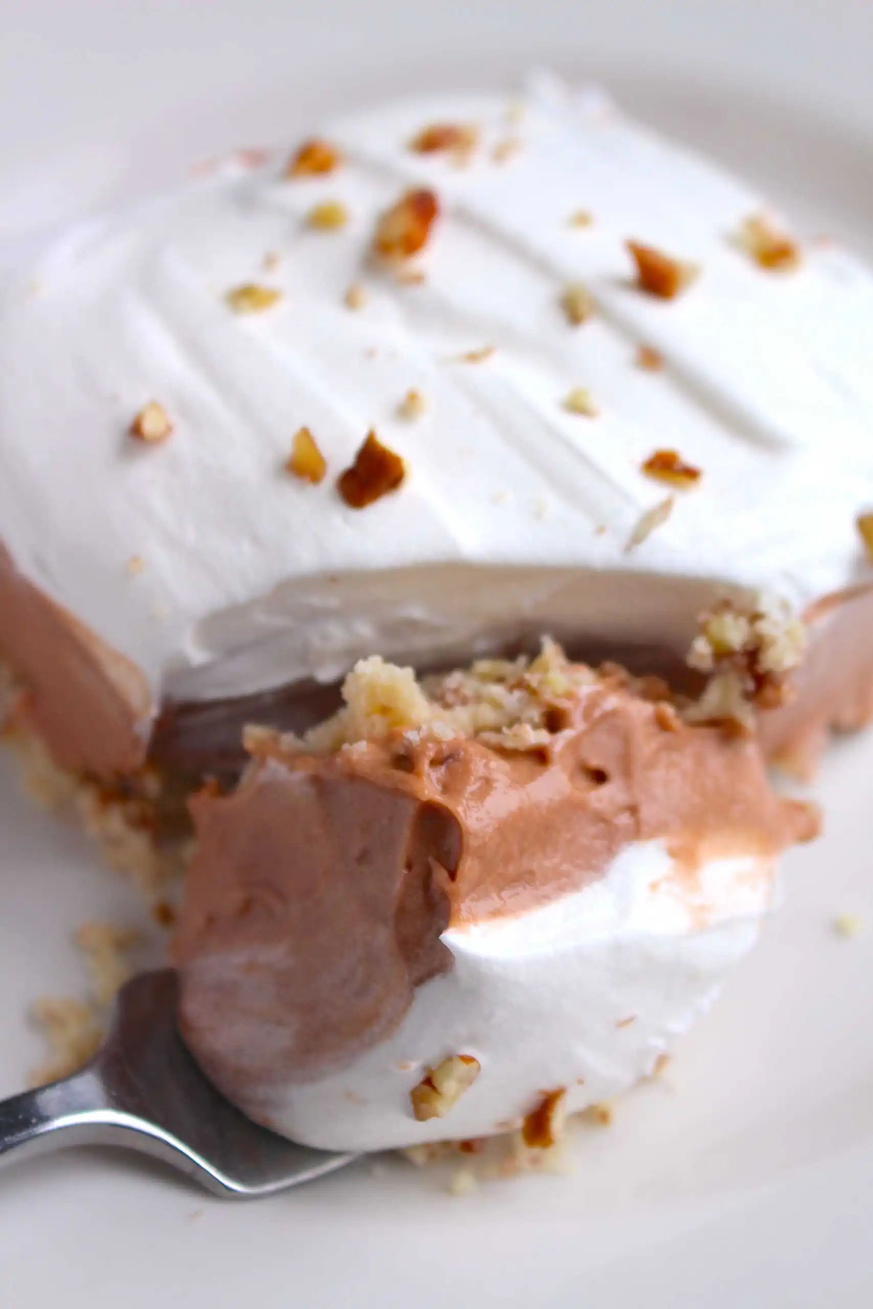 Close-up of a slice of Chocolate Pecan Delight dessert with creamy white topping, chocolate pudding layer, and crunchy pecan crust