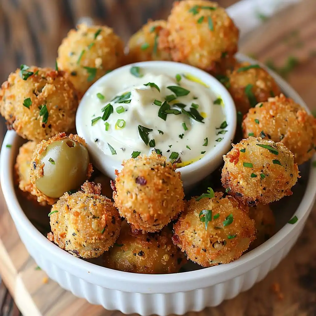 Crispy fried olives served with creamy garlic aioli in a white bowl.