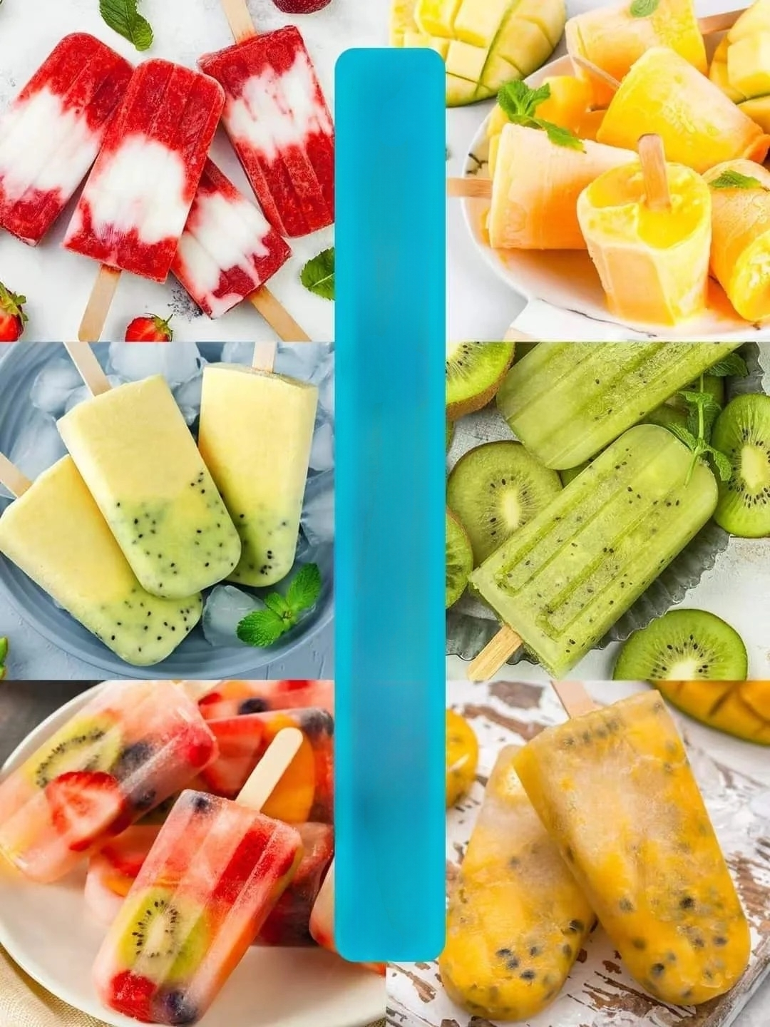 Colorful homemade fruit popsicles made with various fruits like strawberries, mangoes, kiwis, and mixed berries.