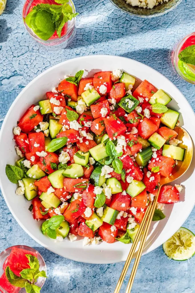 A colorful watermelon salad with feta cheese, cucumber, and fresh mint in a white bowl on a textured blue background.A colorful watermelon salad with feta cheese, cucumber, and fresh mint in a white bowl on a textured blue background.