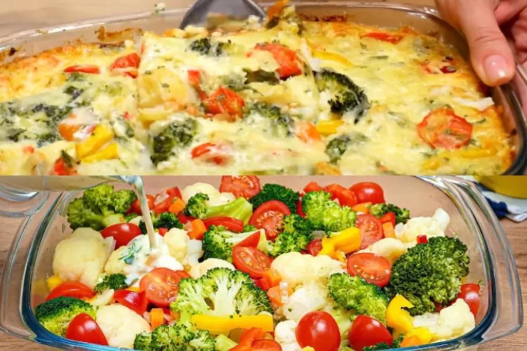 Before and after images of a colorful vegetable casserole, showing raw ingredients and the finished baked dish