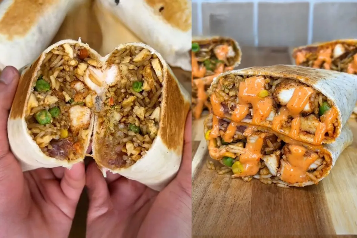 Two fried rice burritos, one cut in half showing the filling, and another drizzled with spicy sauce