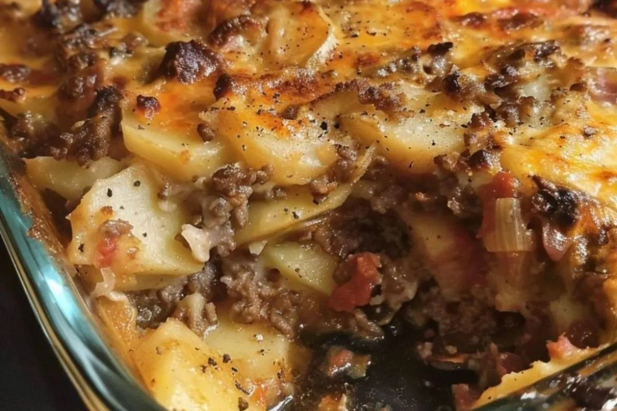 Close-up of a baked meat and potato casserole with melted cheese and seasoned ground beef