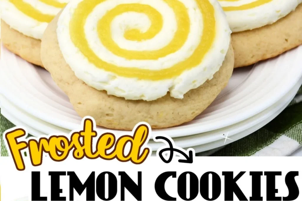 Close-up of frosted lemon cookies with swirled yellow and white icing on a white plate