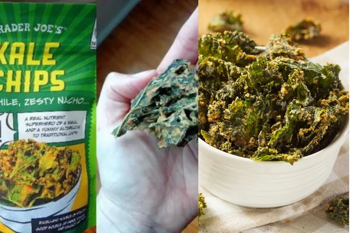 Homemade kale chips with nacho seasoning in a bowl and a packet of kale chips from Trader Joe's.