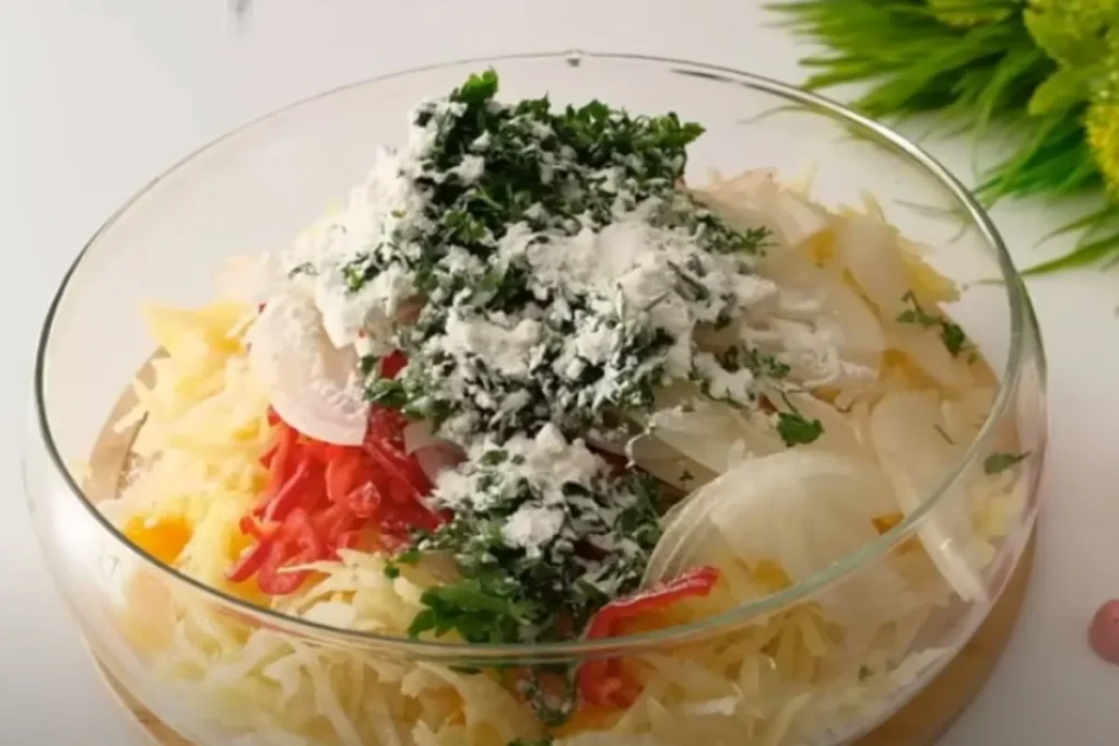 Glass bowl filled with a vibrant mixture of shredded cabbage, red peppers, and herbs, topped with a generous sprinkle of grated cheese and chopped green herbs