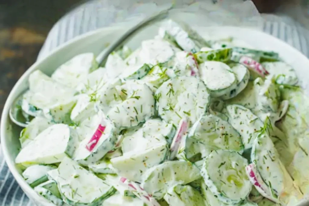 Bowl of creamy cucumber salad with fresh dill and red onions