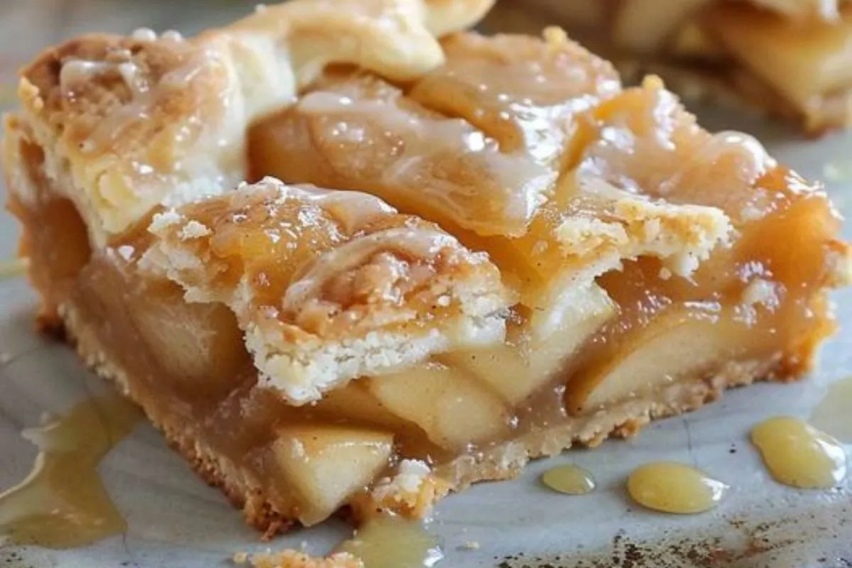 Close-up of a flaky apple pie bar with tender apple slices and caramel sauce