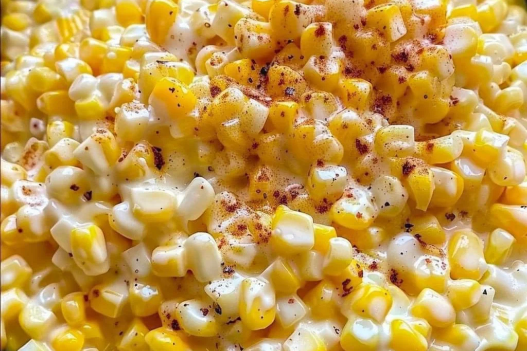 A close-up view of creamy Honey Butter Skillet Corn with a sprinkle of seasoning