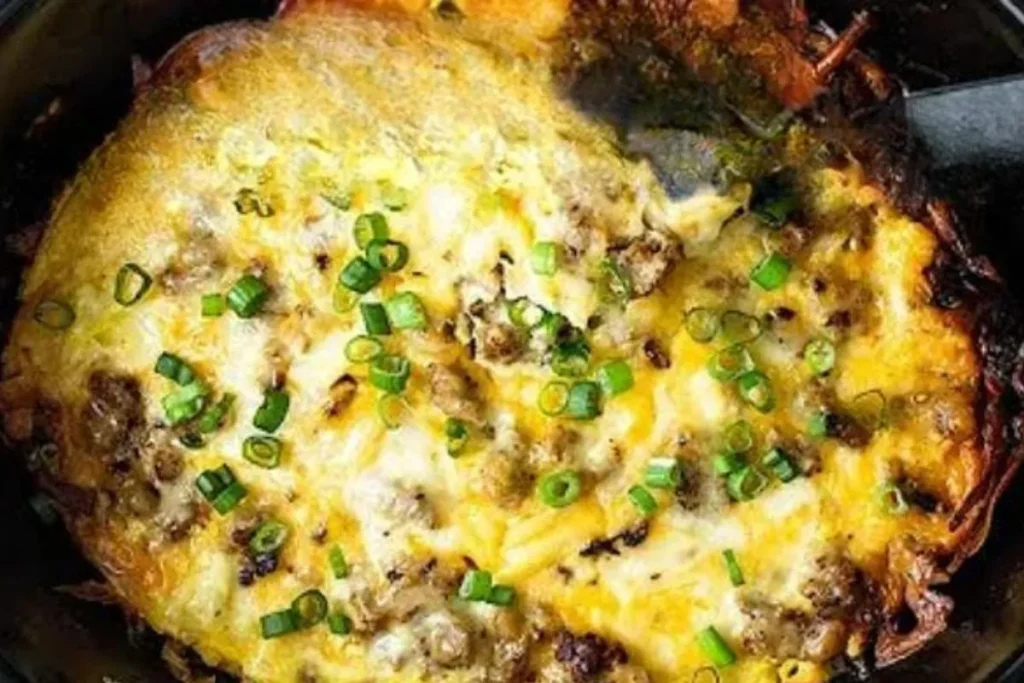 Cheesy crock pot breakfast casserole topped with green onions in a slow cooker