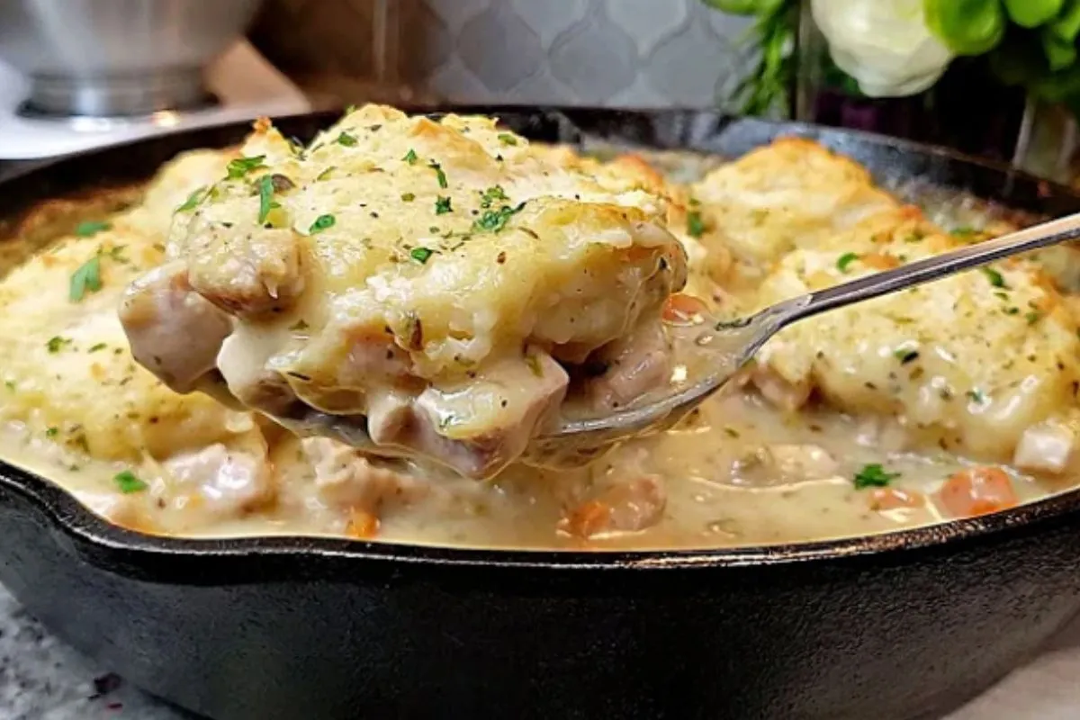 Creamy chicken and biscuits bake in a cast iron skillet with a spoonful being lifted to show the texture