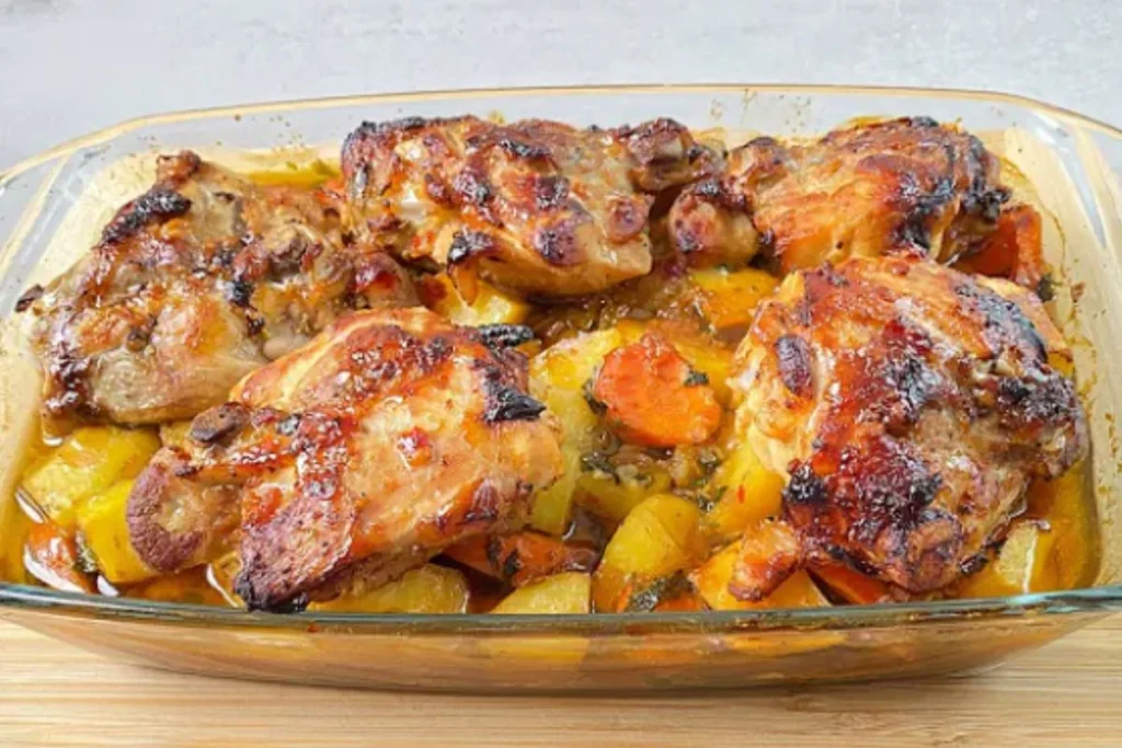 Golden brown chicken thighs with potatoes and carrots in a baking dish