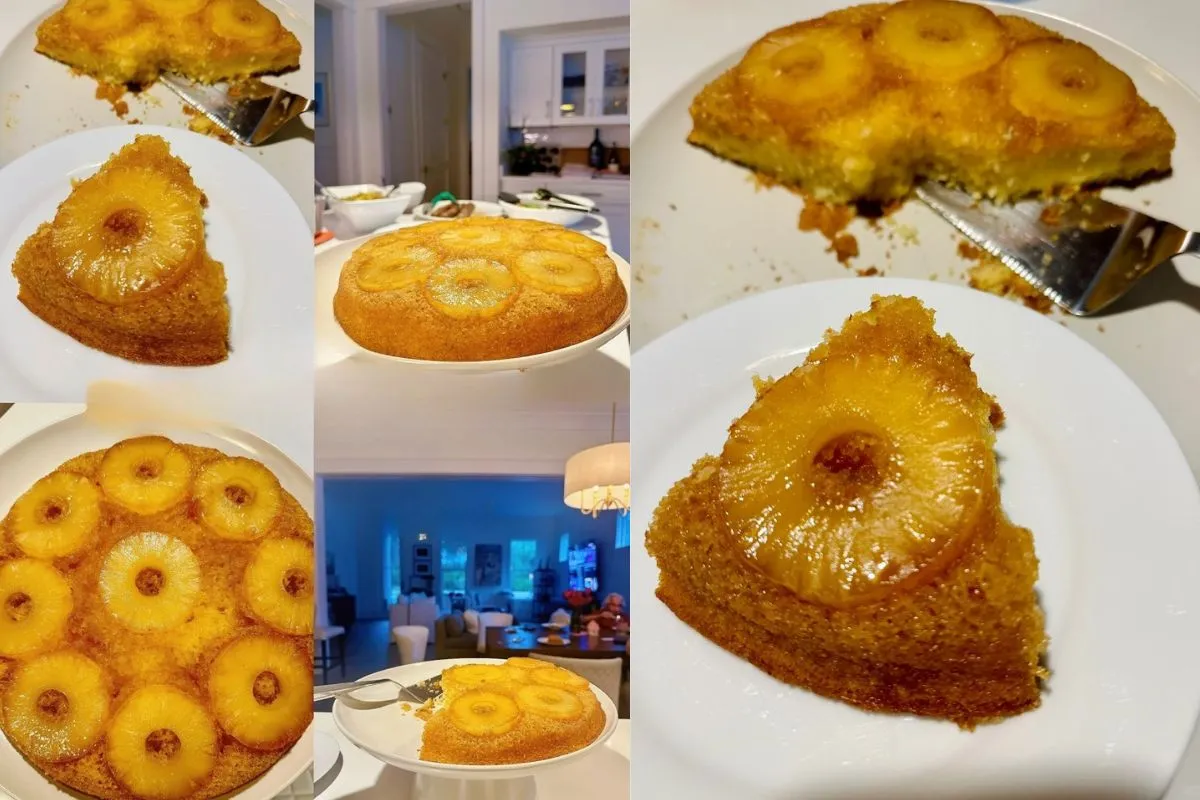 A delicious homemade pineapple upside-down cake with caramelized pineapple rings and moist, golden cake slices served on a white plate