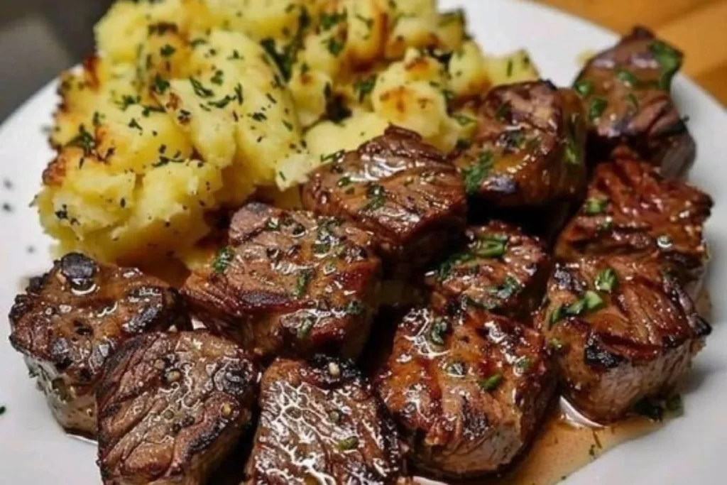 Juicy garlic butter steak bites served with golden crispy herb-seasoned potatoes on a white plate