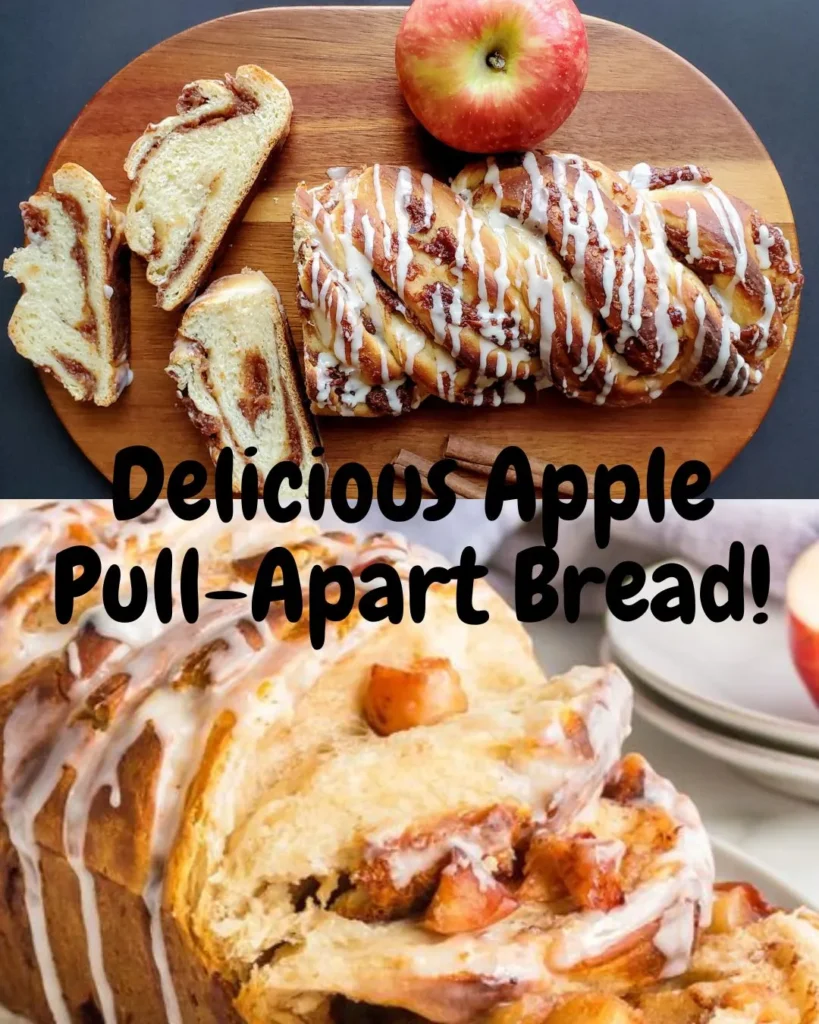 A beautifully baked Apple Pull-Apart Bread with a drizzle of icing, placed on a wooden board alongside fresh apple slices.