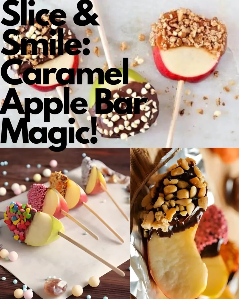 Variety of caramel apple slices with different toppings including chocolate, nuts, and colorful candies on sticks