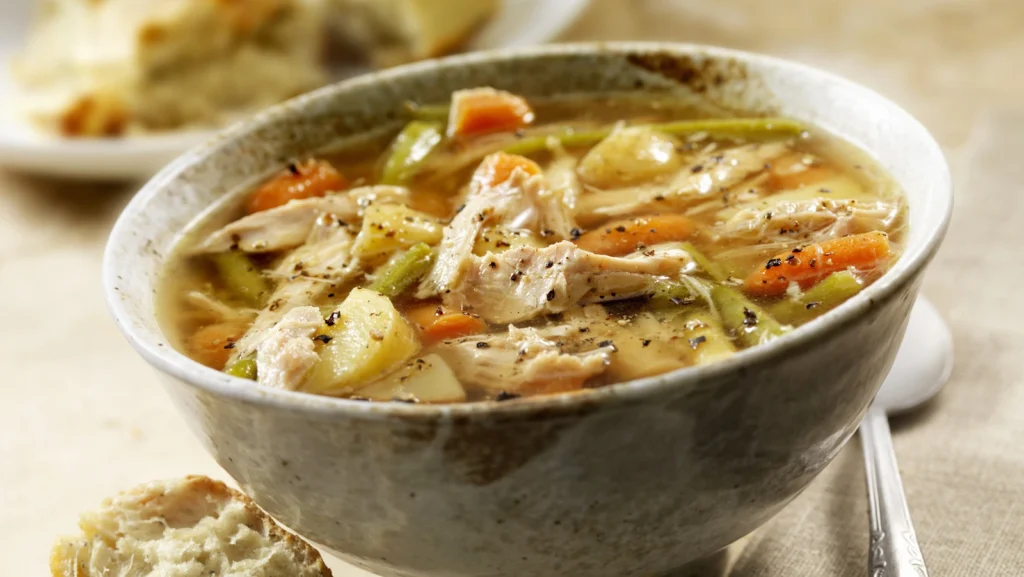 Steaming bowl of homemade chicken soup filled with tender chicken pieces, colorful vegetables, and aromatic broth