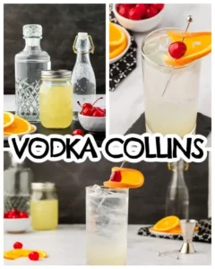 Vodka Collins cocktails with ingredients, garnished with orange slices and maraschino cherries